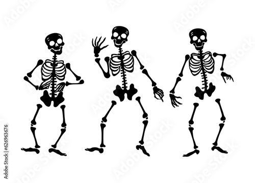 Three dancing skeletons isolated on a white background. Happy Halloween
