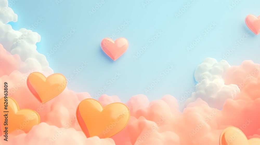 3D clouds and hearts on pastel blue background.