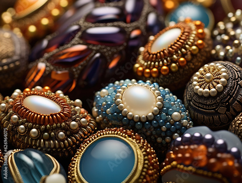 Photo of Beads or jewelry embellishments: Close-up shots of beads or jewelry embellishments showcase their intricate details, textures, and the way they catch and reflect light. 