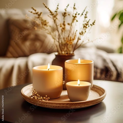 Warm cozy home interior with burning candles  afternoon room decoration  creative decor arrangement