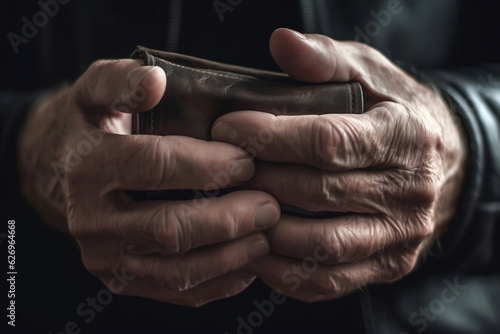 Poor senior person with wallet on dark background, closeup