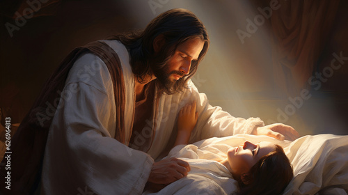 Vászonkép A breathtaking image of Jesus, with a gentle touch healing the sick and infirm,