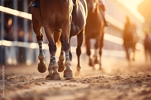 Close up the legs of horses at the races. AI generated