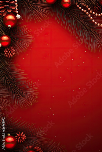 Red christmas background with red christmas ball and fir leaves. Copy space