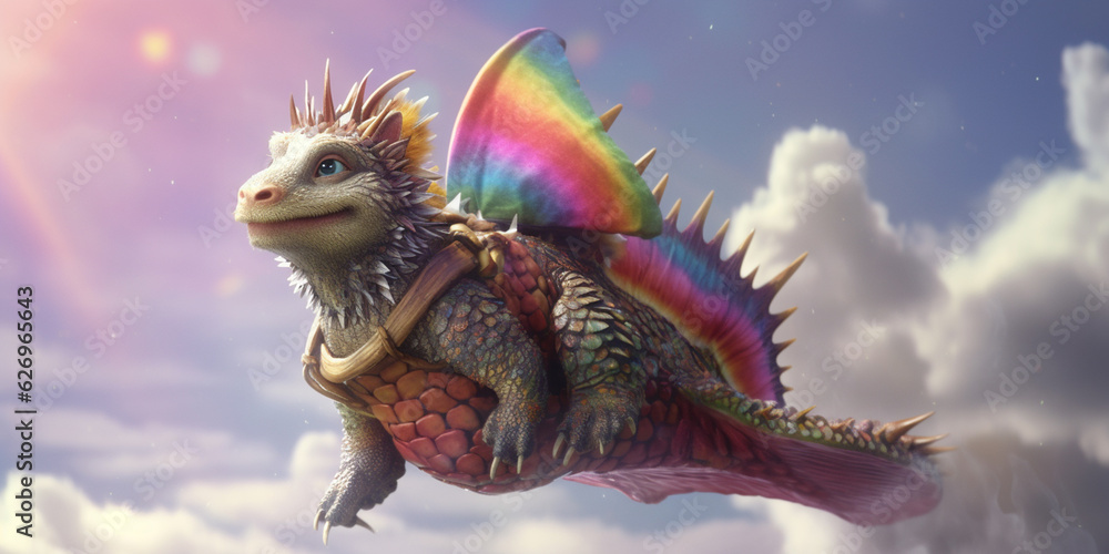 Cheerful rainbow dragon soaring above fluffy clouds with whimsical charm - AI generated Cheerful rainbow dragon soaring above fluffy clouds with whimsical charm - AI generated