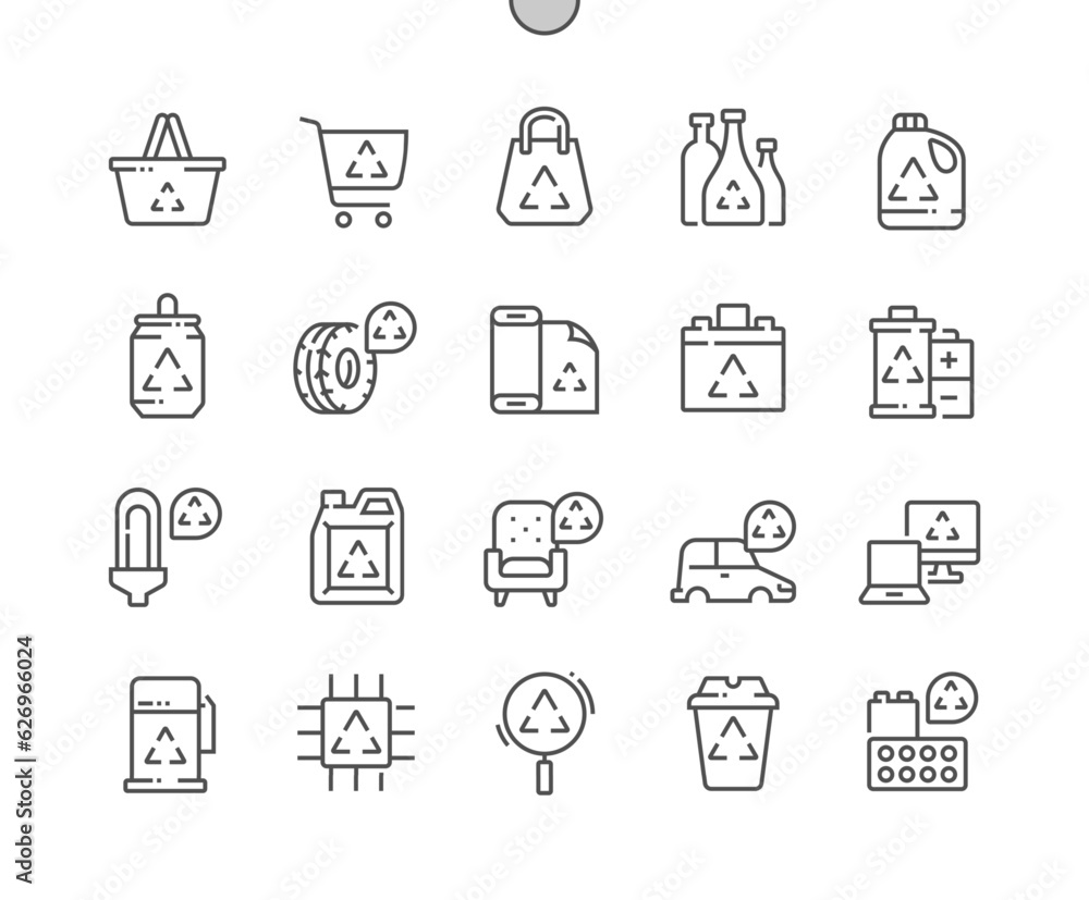 Reuse. Zero waste lifestyle. Shopping bag, paper cup, furniture. Pixel Perfect Vector Thin Line Icons. Simple Minimal Pictogram Reuse. Zero waste lifestyle. Shopping bag, paper cup, furniture. Pixel Perfect Vector Thin Line Icons. Simple Minimal Pictogram