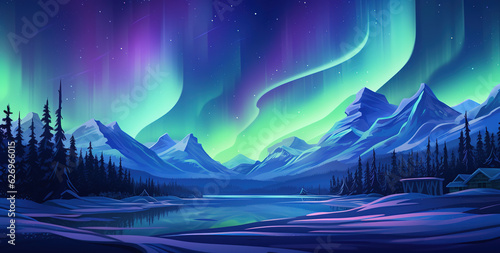 aurora borealis landscape with winter forest in the night   © Yi_Studio
