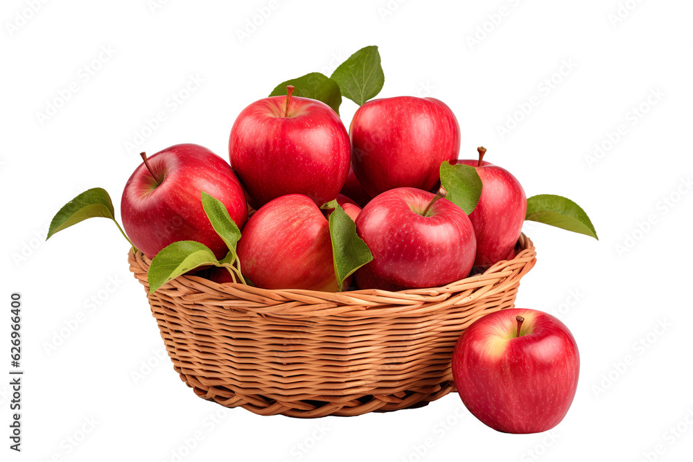 A realistic portrait of red apples in a basket, white background, isolated PNG A realistic portrait of red apples in a basket, white background, isolated PNG