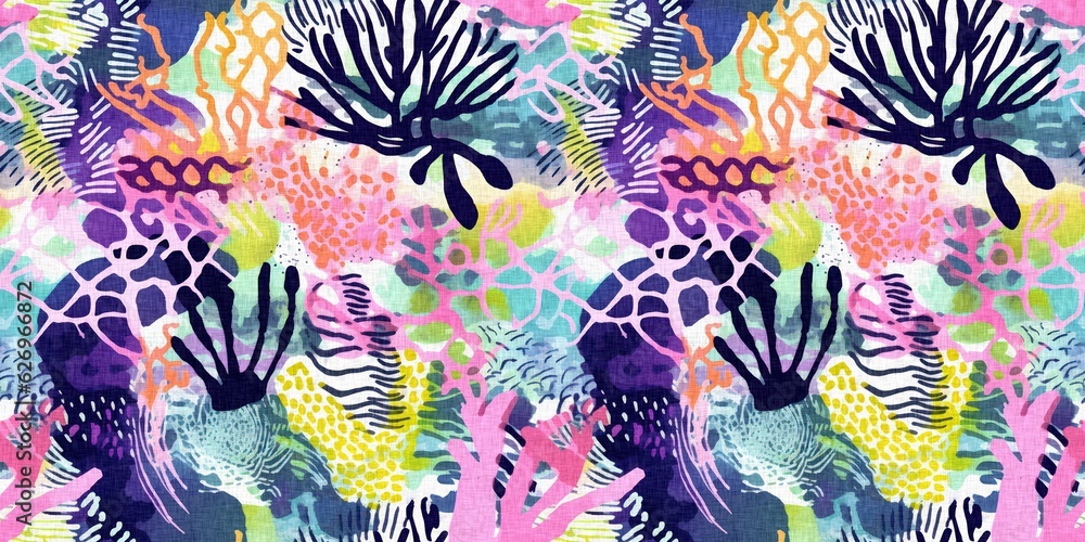 Fototapeta premium Tropical modern coastal pattern clash fabric coral reef border print for summer beach textile designs with a linen cotton effect. Seamless trendy underwater kelp and seaweed ribbon edge background