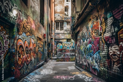 Colorful graffiti artwork in Melbourne's Hosier Lane. Generative AI © Iliana