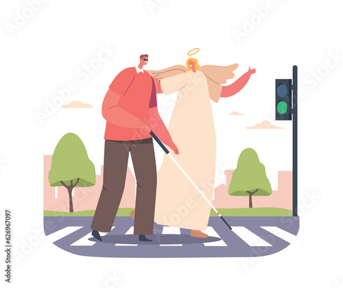 Angel Keeper Guides Blind Man Safely Across The Road, Offering Support And Assistance In Navigating The Bustling Traffic