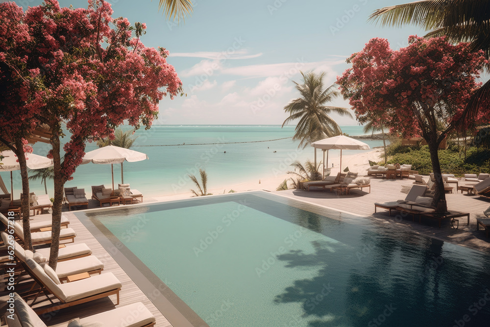 Fototapeta premium Stunning landscape, swimming pool blue sky with clouds, Tropical resort hotel, Luxury travel vacation