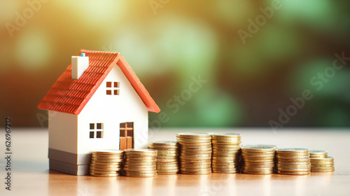Real estate investment and saving money for the future. House model and coins stack on wooden table.Home loan concept, rent, buying a property,investment, mortgage,home insurance. 