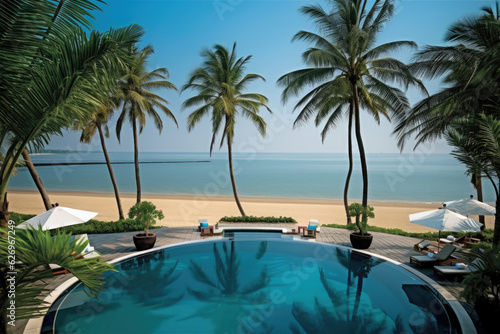 Stunning landscape, swimming pool blue sky with clouds, Tropical resort hotel, Luxury travel vacation