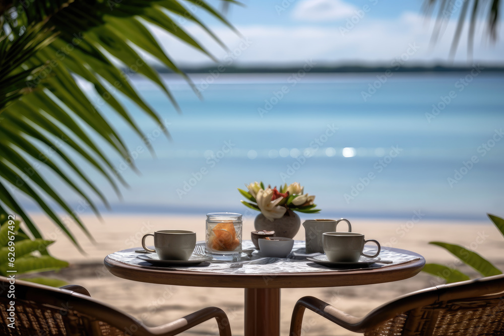 Stunning landscape, table on terrace by the beach, Tropical resort hotel, Luxury travel vacation