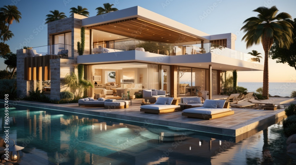 Design house - modern villa with open plan living and private bedroom wing. Large terrace with privacy and, swimming pool. Generative AI. Design house - modern villa with open plan living and private bedroom wing. Large terrace with privacy and, swimming pool. Generative AI.