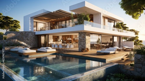 Design house - modern villa with open plan living and private bedroom wing. Large terrace with privacy and, swimming pool. Generative AI.