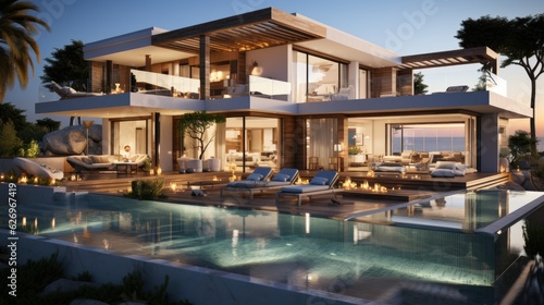 Design house - modern villa with open plan living and private bedroom wing. Large terrace with privacy and, swimming pool. Generative AI. © ND STOCK