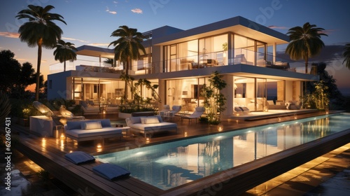 Wallpaper Mural Design house - modern villa with open plan living and private bedroom wing. Large terrace with privacy and, swimming pool. Generative AI. Torontodigital.ca