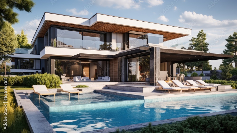 Design house - modern villa with open plan living and private bedroom wing. Large terrace with privacy and, swimming pool. Generative AI.