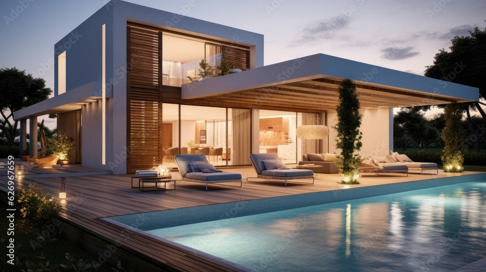Design house - modern villa with open plan living and private bedroom wing. Large terrace with privacy and, swimming pool. Generative AI. Design house - modern villa with open plan living and private bedroom wing. Large terrace with privacy and, swimming pool. Generative AI.