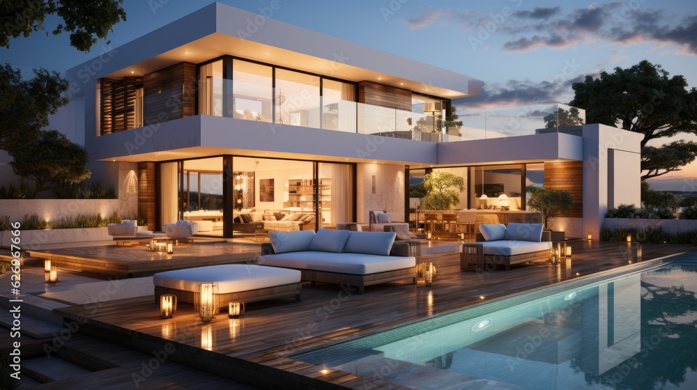 Fototapeta premium Design house - modern villa with open plan living and private bedroom wing. Large terrace with privacy and, swimming pool. Generative AI.