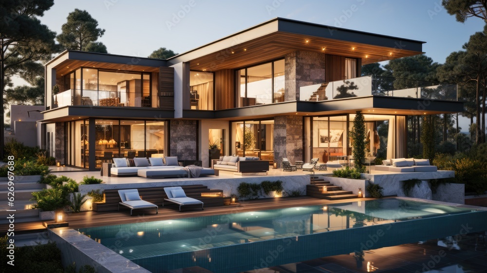 Design house - modern villa with open plan living and private bedroom wing. Large terrace with privacy and, swimming pool. Generative AI. Design house - modern villa with open plan living and private bedroom wing. Large terrace with privacy and, swimming pool. Generative AI.