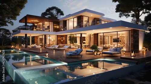 Design house - modern villa with open plan living and private bedroom wing. Large terrace with privacy and, swimming pool. Generative AI. © ND STOCK