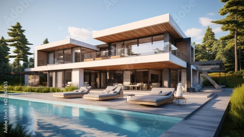 Design house - modern villa with open plan living and private bedroom wing. Large terrace with privacy and  swimming pool. Generative AI.