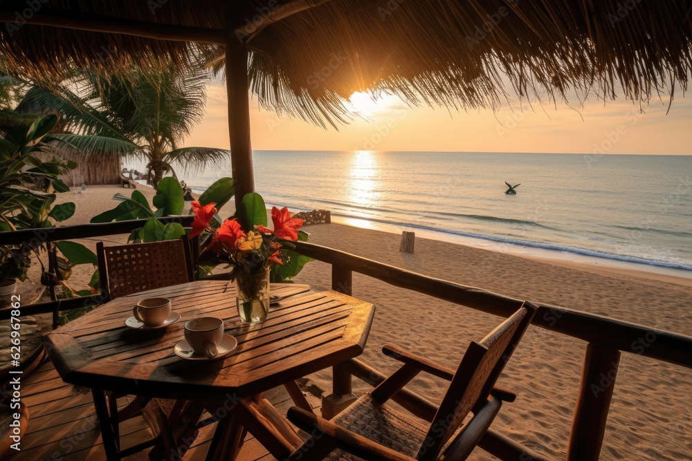 Stunning landscape, terrace by the beach at sunrise, Tropical resort hotel, Luxury travel vacation