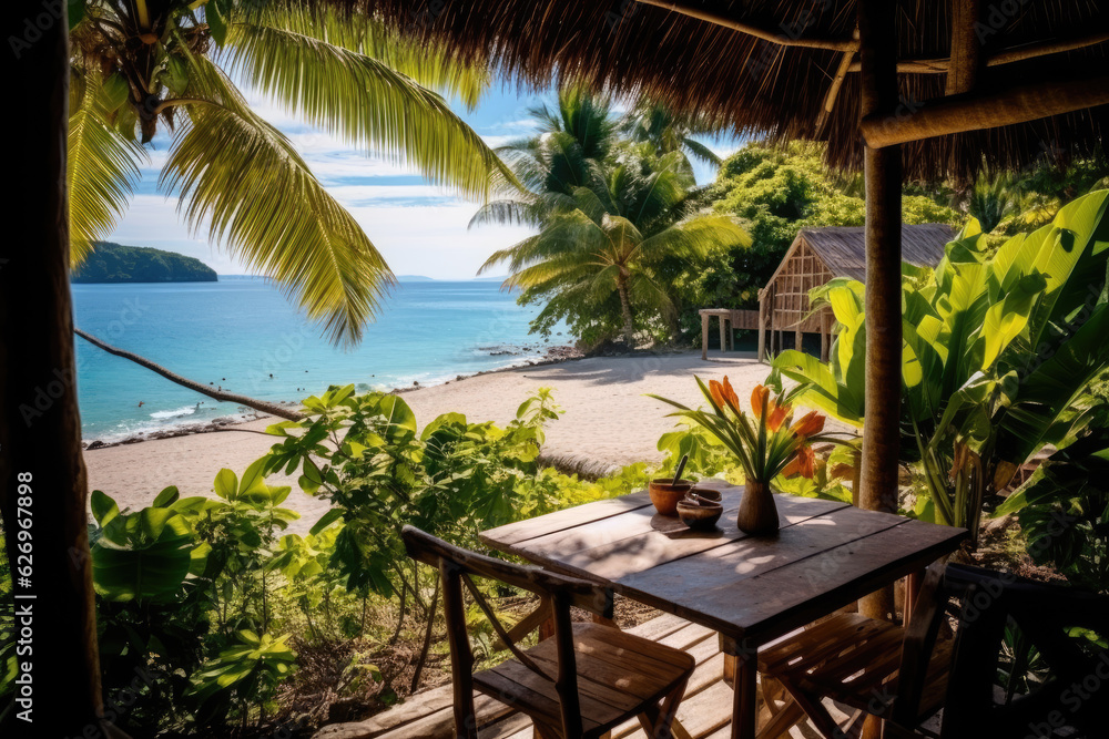 Fototapeta premium Stunning landscape, terrace by the beach during the day, Tropical resort hotel, Luxury travel vacation