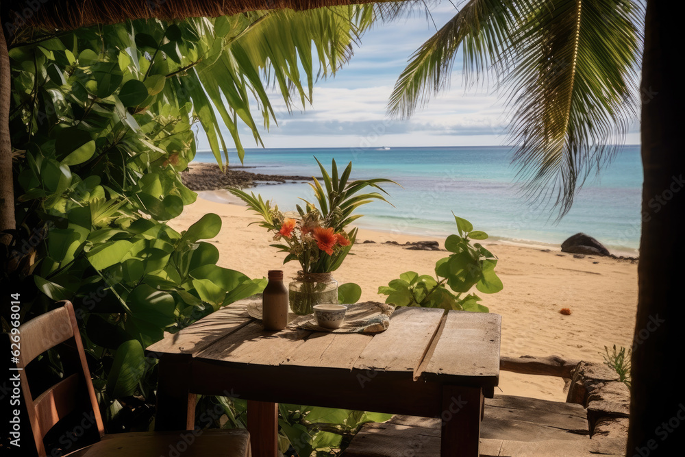 Fototapeta premium Stunning landscape, terrace by the beach during the day, Tropical resort hotel, Luxury travel vacation