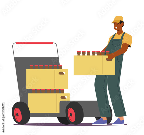 Worker Male Character Efficiently Load Bottles With Brewed Products on Trolley During The Production Process