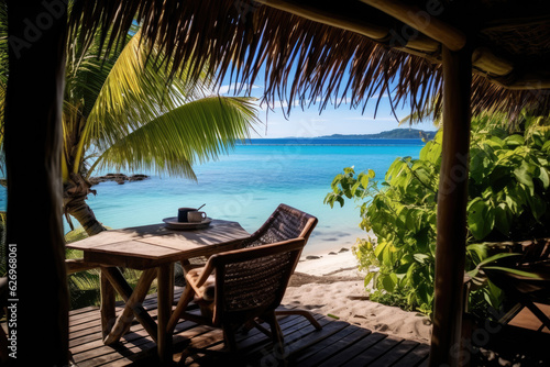 Stunning landscape  terrace by the beach during the day  Tropical resort hotel  Luxury travel vacation