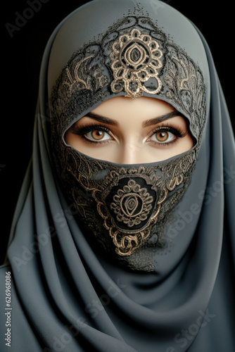 Very Beautiful Arab Woman with very Modern Trendy Niqab Portrait Background Journal Generative AI KI Wallpaper Digital Art