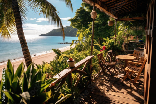 Stunning landscape, terrace by the beach during the day, Tropical resort hotel, Luxury travel vacation