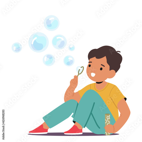 Little Child Boy Playfully Blow Delicate Soap Bubbles, Marveling At Their Iridescent Colors And Fragile Existence