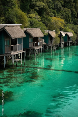 Idyllic Polynesian wooden huts on stilts standing in turquoise waters in an island bay - AI generated