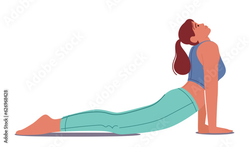 Woman Performing Bhujangasana, Cobra Pose. Female Character Stretches Her Arms Straight, Lifts Chest Off The Ground