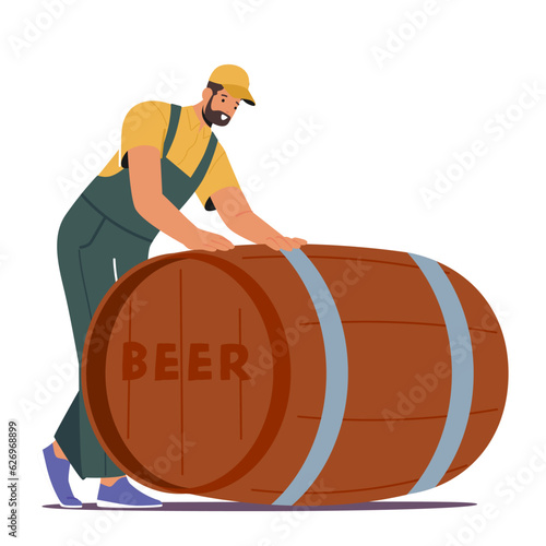 Worker Male Character Wear Uniform Rolls Huge Beer Barrel Using A Combination Of Strength And Balance