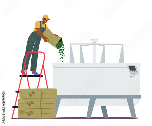 Beer-making Process Stage. Worker Character Pour Hops Into The Machine, The Hops Add Flavor, Aroma, And Bitterness