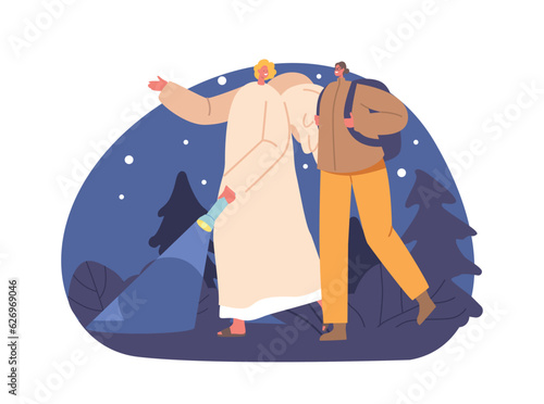 Angel Keeper Guides And Protects A Female Tourist Character Through The Eerie Night Forest, Offering Reassurance