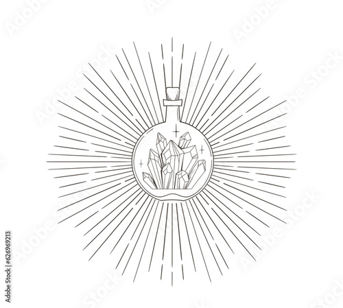 Magic shining masson jar with mystical crystal or gem clip art, hand drawn glass bottle and gemstone inside, vector black and white composition