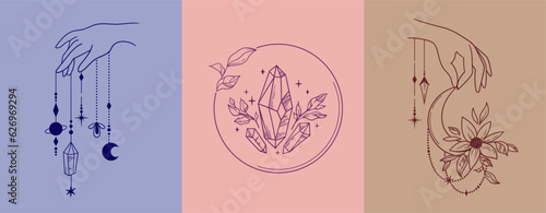 Mysticism vector clip art kit, Celestial logo template, Flower moon and witches hands symbols or icons, mystical cosmic floral moon and crystals isolated illustrations pack