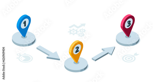 location isometric icons with arrows and numbers on white background, diagram or business plan, set for infographics