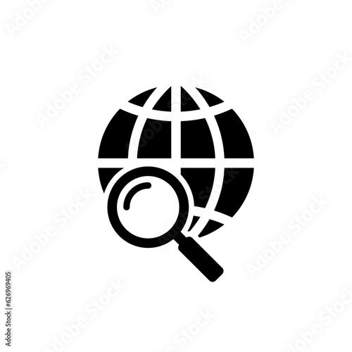 magnifier and globe icon in black on a white background, search for a place on a map or on the globe