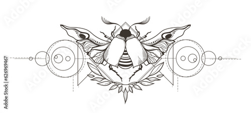 Mystical celestial scarab beetle, branches and sacred geometric shapes clipart in black color, magic space insect silhouettes in vector, hand drawn bug isolated element for t-shirt or card print