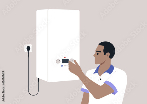 A male character regulating a home water boiler temperature