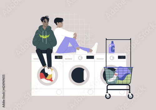 Household chores concept, a couple of young characters waiting for their laundry in a coin laundromat