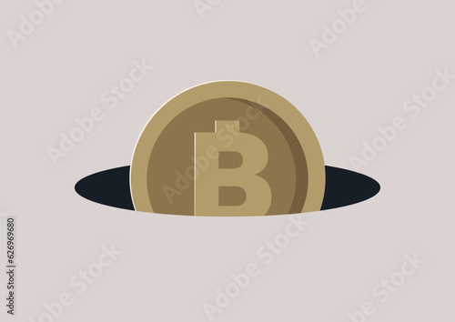 A bitcoin disappearing in a black hole, corruption or money loss concept